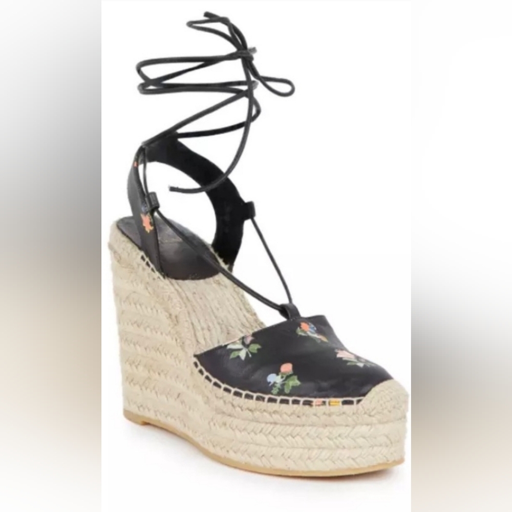 Saint Laurent Espadrille Wedge Heels , size 7 black floral